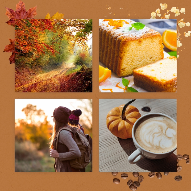 bilder mit herbstlichem Wald, Orangenkuchen, Cappucino und zwei Wanderern